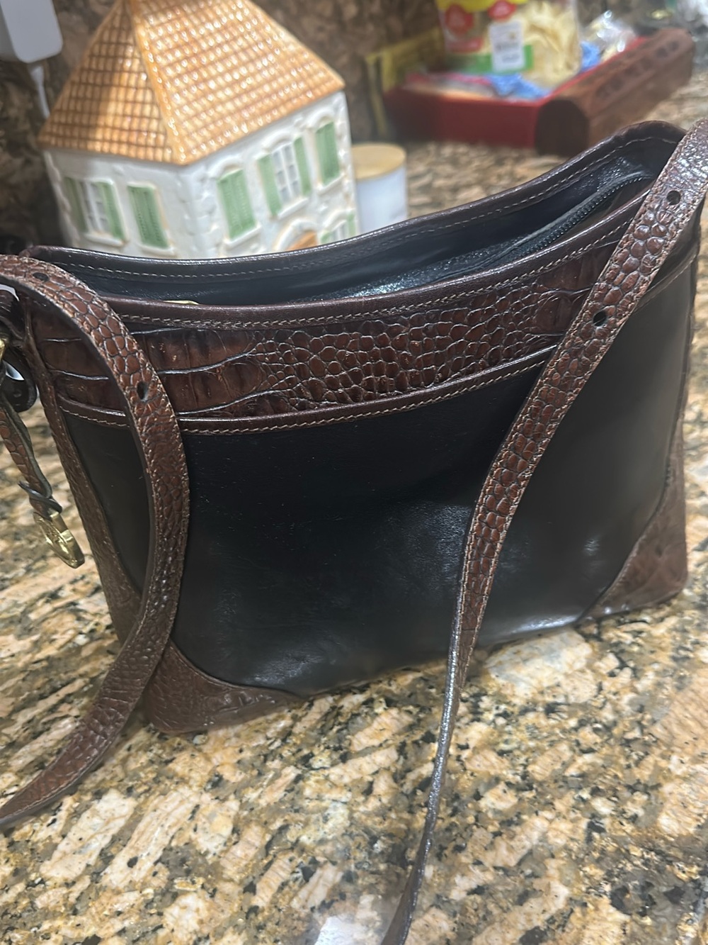Brahmin Black and Brown Croc-Trim Shoulder Bag